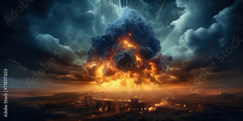 A large mushroom cloud rising from a nuclear explosion in a city
