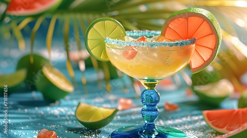 cocktail on the table, colorful and tropical margarita cocktail, featuring a salt-rimmed glass filled with tangy lime juice, tequila, and triple sec photo