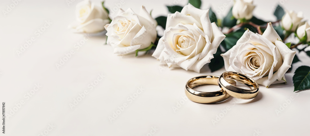 Wedding rings and roses close up on a white marble background. Wedding bands banner, website header, wedding invitation, minimalistic, elegant for wedding photographer, venue. Generative AI.
Wedding rings and roses close up on a white marble background. Wedding bands banner, website header, wedding invitation, minimalistic, elegant for wedding photographer, venue. Generative AI.