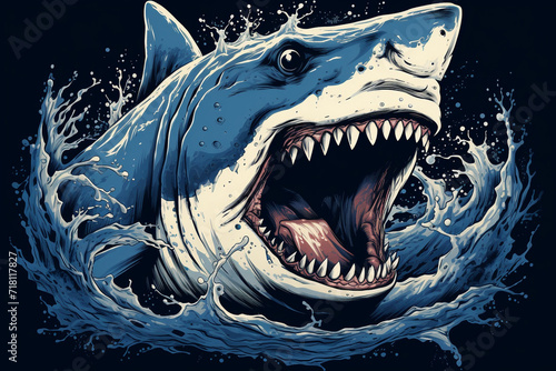 The t-shirt design features a shark with its mouth wide open  showing rows of sharp teeth and intimidating eyes