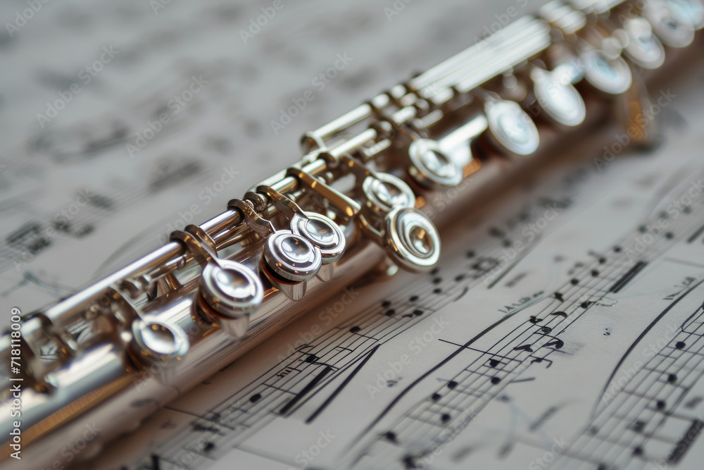 Obraz premium Silver flute resting on complicated sheet music