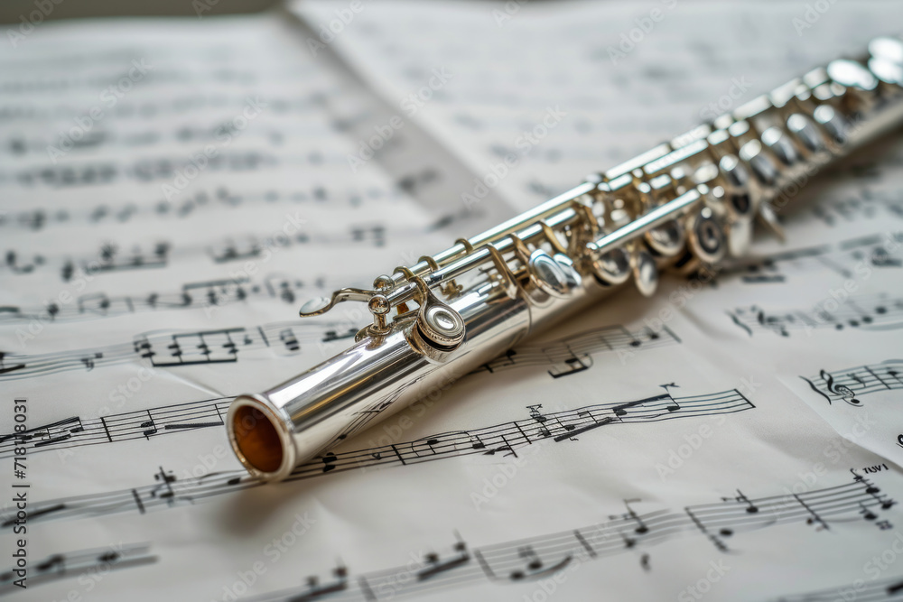 Fototapeta premium Silver flute resting on complicated sheet music