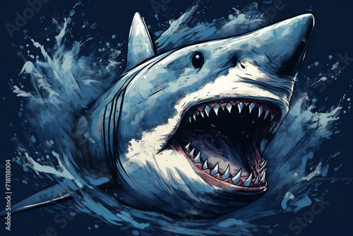 The t-shirt design features a shark with its mouth wide open, showing rows of sharp teeth and intimidating eyes