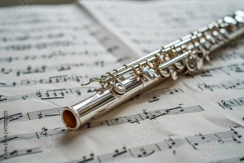 Silver flute resting on complicated sheet music