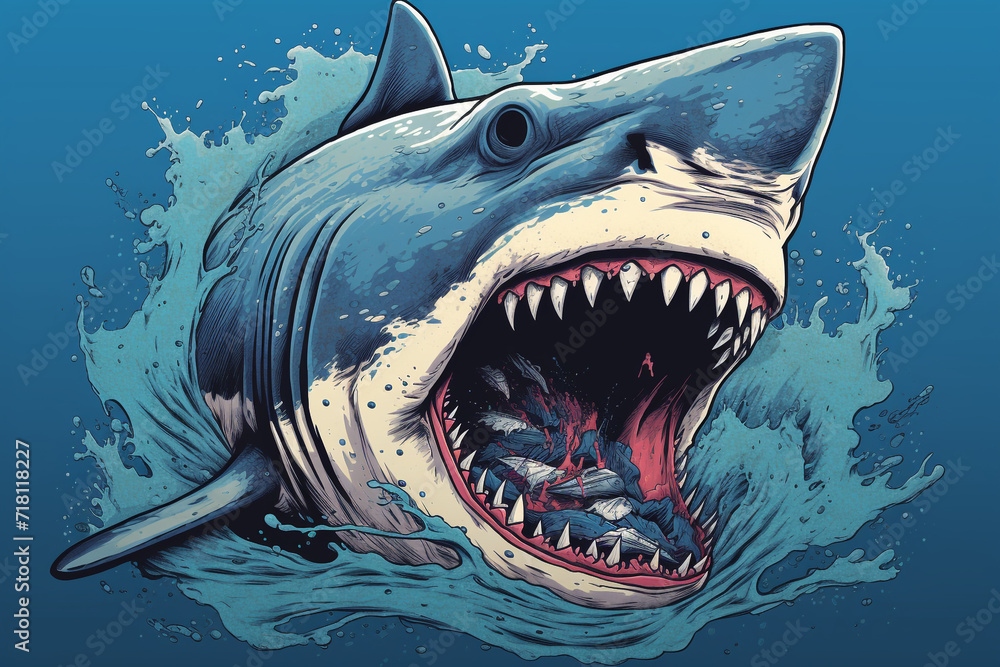 The t-shirt design features a shark with its mouth wide open, showing