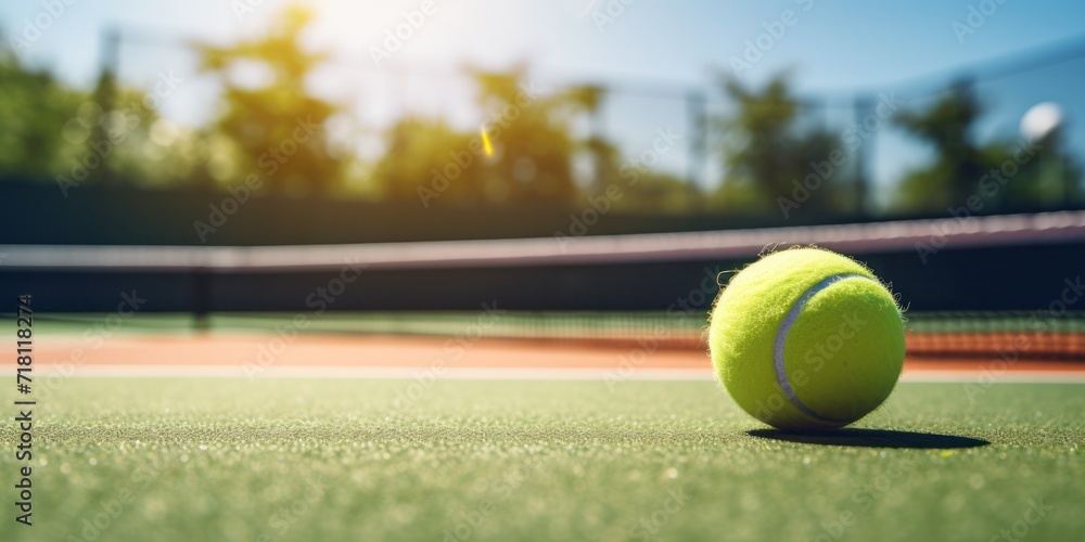 Closeup of a Yellow Ball on Green Court. Sport Equipment for Tennis Game. Outdoor Recreation. Healthy Lifestyle on the Sunny Day