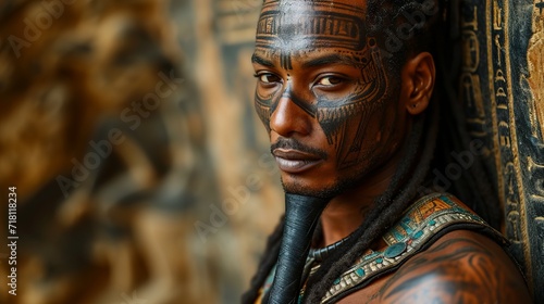 Portrait of a man with traditional facial tattoos, wearing tribal jewelry Concept: Tattoo art, cultural heritage, ethnographic research