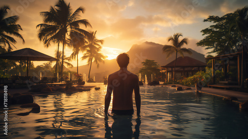 person  handsome man watching the sunset on the beach at a hotel in a tropical resort. Palms against mountains