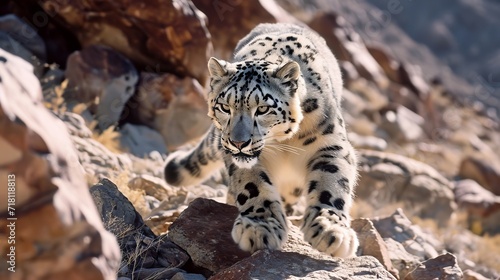 Snow Leopard Navigating Rocky Mountain Terrain