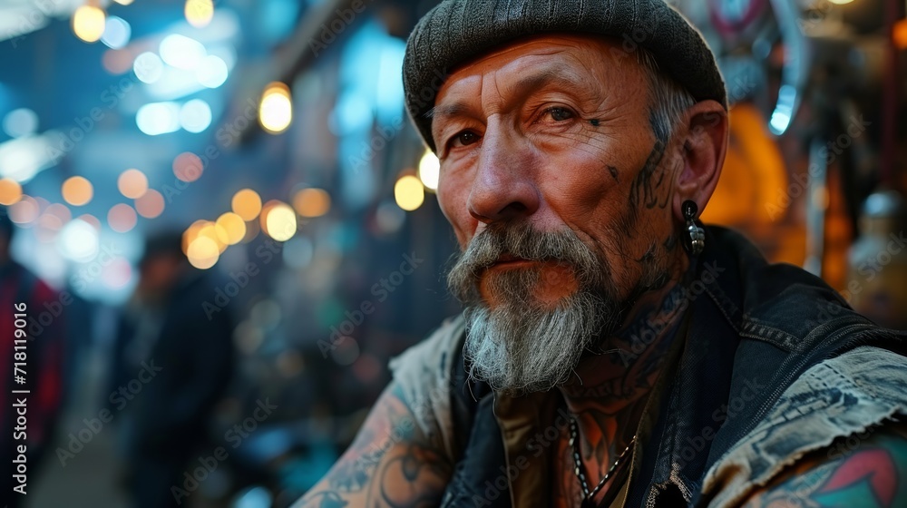 an elderly man with a hat and tattoos on his arms sits and looks intently against the backdrop of a busy city