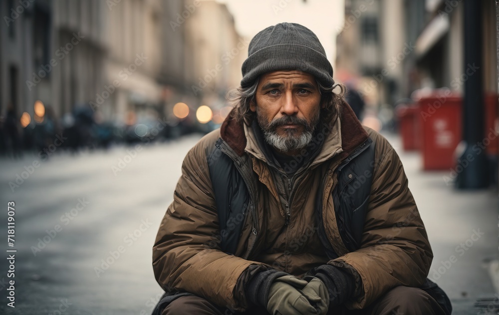 Homeless sitting on sidewalk in the city Homeless sitting on sidewalk in the city