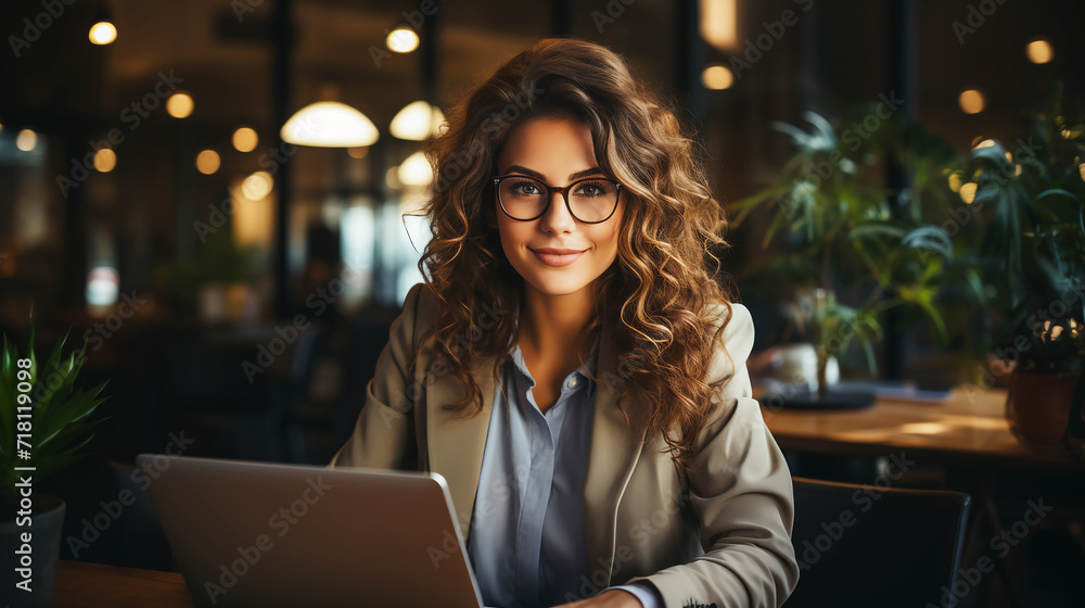 Beautiful woman smiling with working on laptop in cafe Beautiful woman smiling with working on laptop in cafe