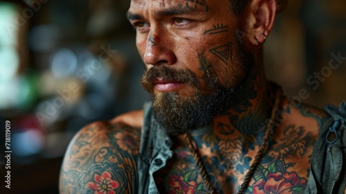 a man with detailed tattoos on his face and body, presented in semi-profile, whose expression conveys thoughtfulness and depth, enhancing the realism of the scene.