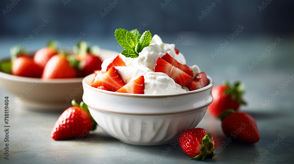 Strawberries in bowl with whipped cream on wooden table Strawberries in bowl with whipped cream on wooden table