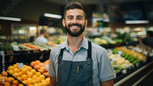 Portrait of confident young supermarket clerk standing At counter. Grocery store. Business, shopping concept