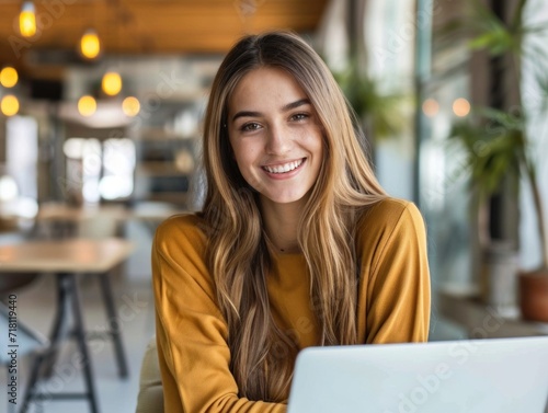 Happy beautiful girl using laptop in office