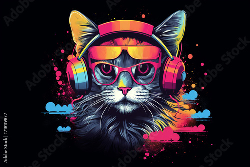 cat listening to music, for t-shirt design © Robby