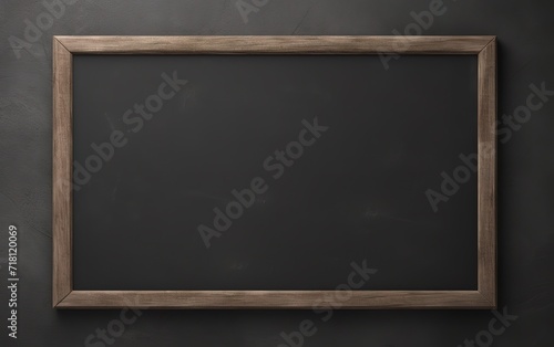 A blank black chalkboard in the photo with a wooden frame beside it. generative AI