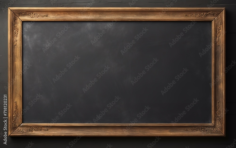 A blank black chalkboard in the photo with a wooden frame beside it. generative AI A blank black chalkboard in the photo with a wooden frame beside it. generative AI