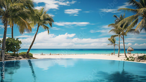 resort at a hotel. Tranquil scene of a swimming pool and beach with palm trees and white sand. Travel  vacation background