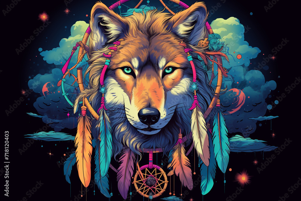 Mystical t-shirt designs depict wolves with dream catchers, feathers, and other elements of Native American symbolism, - obrazy, fototapety, plakaty 