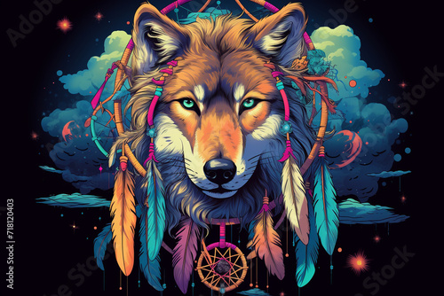 Mystical t-shirt designs depict wolves with dream catchers, feathers, and other elements of Native American symbolism, photo