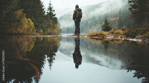 Solo Traveler's Reflection in Calm Lake