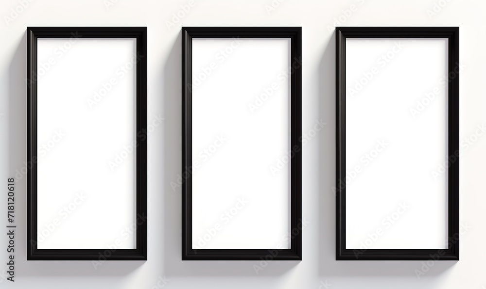 a row of empty white photo frames in the photo in front of a gray wall. generative AI a row of empty white photo frames in the photo in front of a gray wall. generative AI