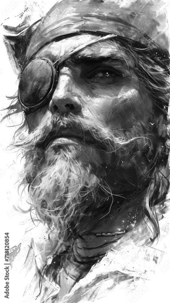 A black and white drawing of a pirate with an eye patch A black and white drawing of a pirate with an eye patch