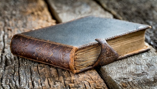 old book on a wooden background An antique leather-bound book rests on a weathered wooden table, bathed in the soft glow of candlelight. transports viewers to a bygone era of storytelling, book 