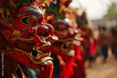 Colorful Masks Parade, Kids at Cultural Festivity, Asian Tradition, generative ai