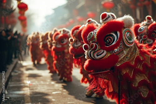 Cultural Parade Majesty, Chinese Lion Dance with Red Accessories, Generative AI