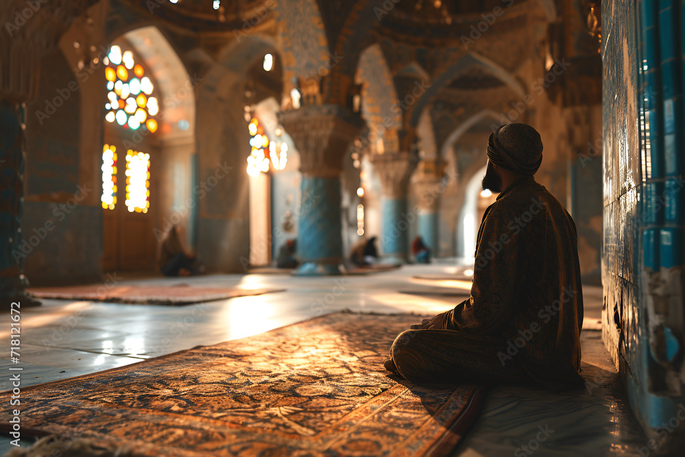 Muslim elder sitting in masjid reading quran before prayer time at subdued dark light,  illustration of praying man in mosque, Religious muslim man praying inside the mosque. Generative Ai