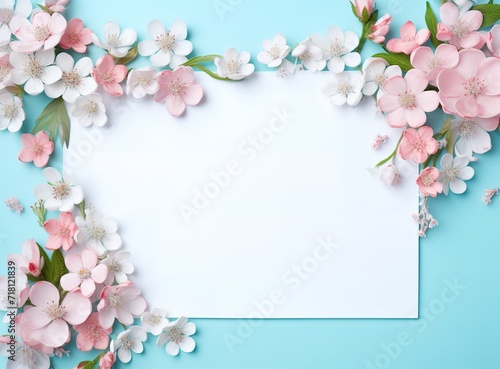 A frame decorated with white and pink flowers in the photo on a blue background. generative AI © original logo