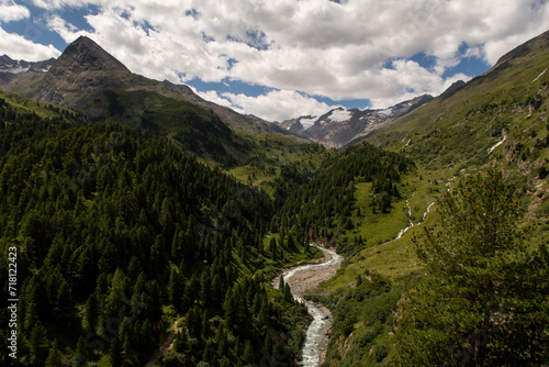 River in the mountain valley in the Alps on a summer day