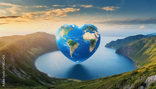 Heart shaped planet earth against the background of the sea and mountains.