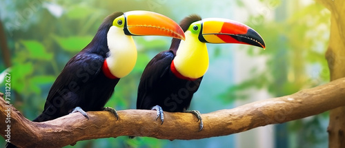 Toucan bird sitting on branch in the natural forest