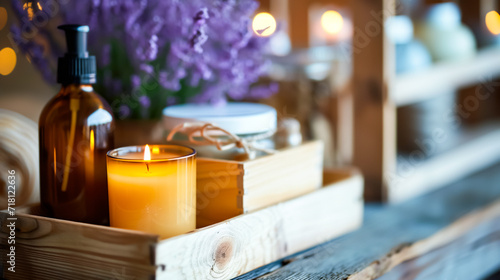 A tranquil spa setting with a lit candle. The candle is surrounded by essential oils, creams, and wooden decor. Blooming purple lavender flowers in the background add to the peaceful ambiance.