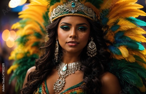 Woman in carnival costume with feathers and jewelry
