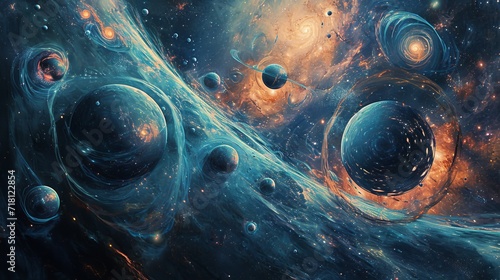 Interconnected Cosmic Portals Leading to Different Universes, Featuring Planets, Stars, and Galactic Swirls photo