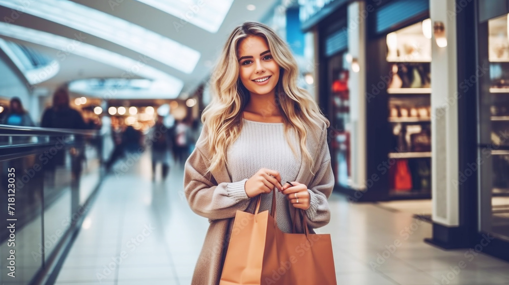 Woman smiling with shopping at the mall - obrazy, fototapety, plakaty 