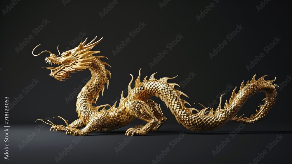 Obraz premium Majestic Golden Dragon, Intricate Details on Black Background, Generative AI