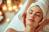 A woman at the spa gets a facial massage. Serene atmosphere with warm candlelight illuminating the room, evoking a sense of calm and relaxation.