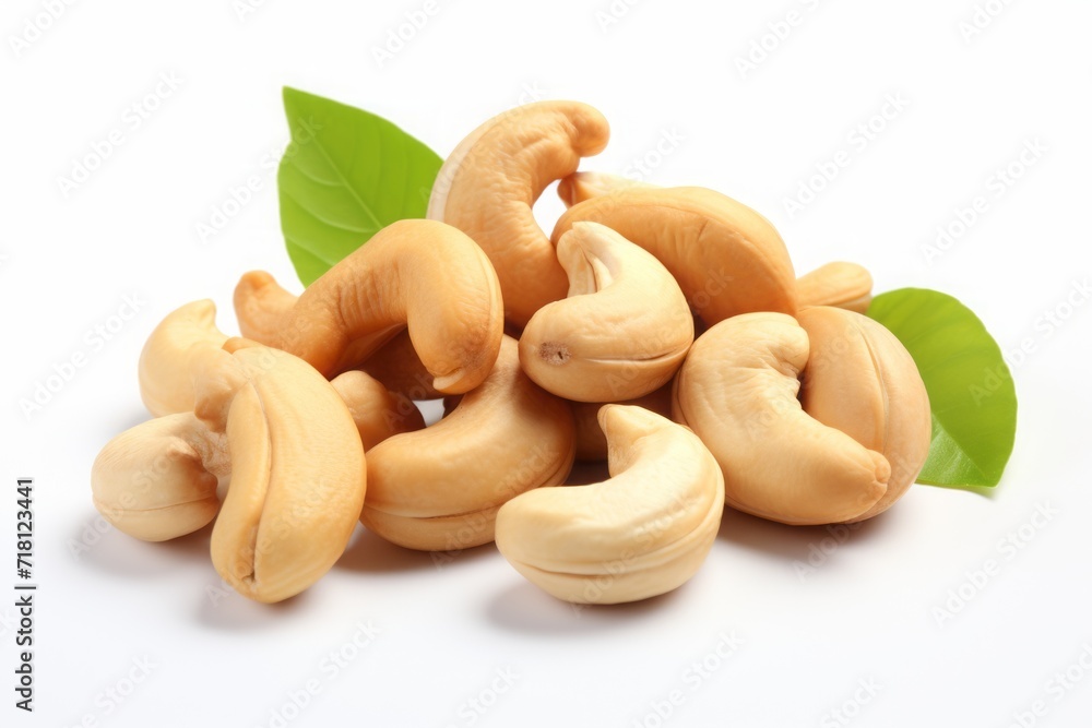 cashews. bunch of peeled nuts with leaves on a white background. healthy vegan snack. cashews. bunch of peeled nuts with leaves on a white background. healthy vegan snack.