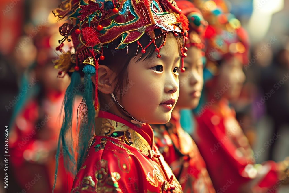 Vibrant Chinese Festival: Kids in Traditional Headdresses, Generative AI