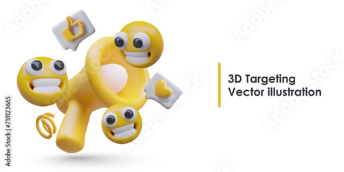 Realistic yellow megaphone, happy emoticons, comment signs with likes and hearts. Good news concept. Positive reviews. Online marketing, advertising in social networks