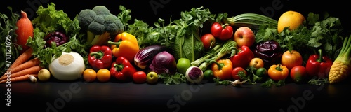 rows of fresh vegetables in the photo on a black background. generative AI
