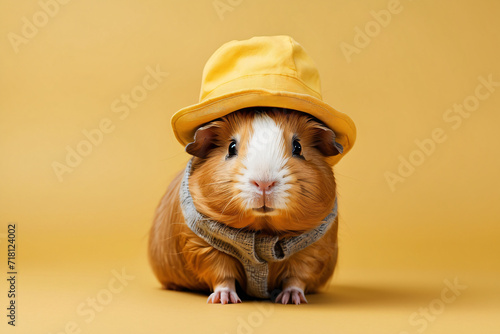 the guinea pig wears a yellow hat
