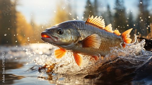 Walleye fish jumping out of river water