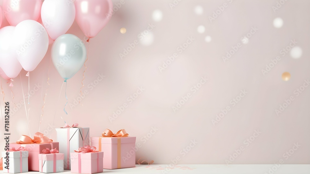 Pink and white balloons and gift boxes on a pink background - Format 16:9